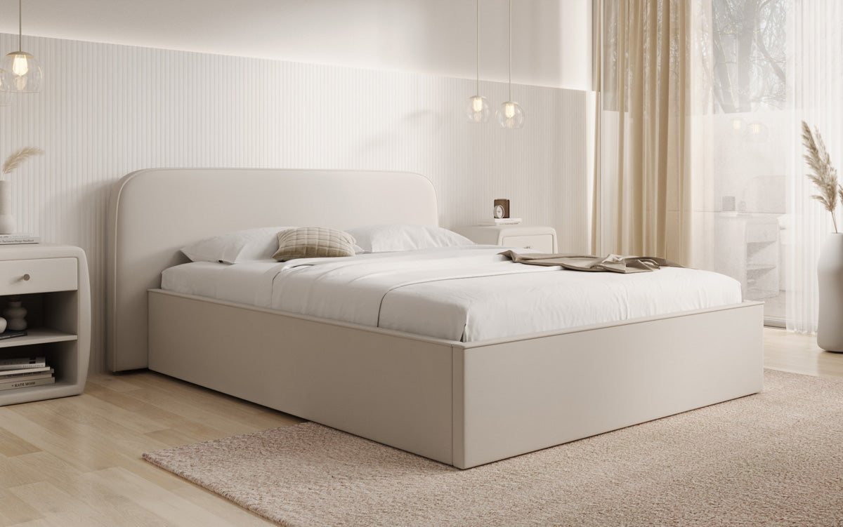 Designer upholstered bed Nola in fabric with storage space