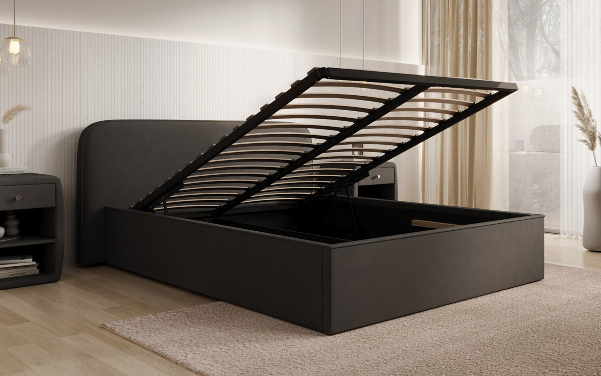 Designer upholstered bed Nola in fabric with storage space