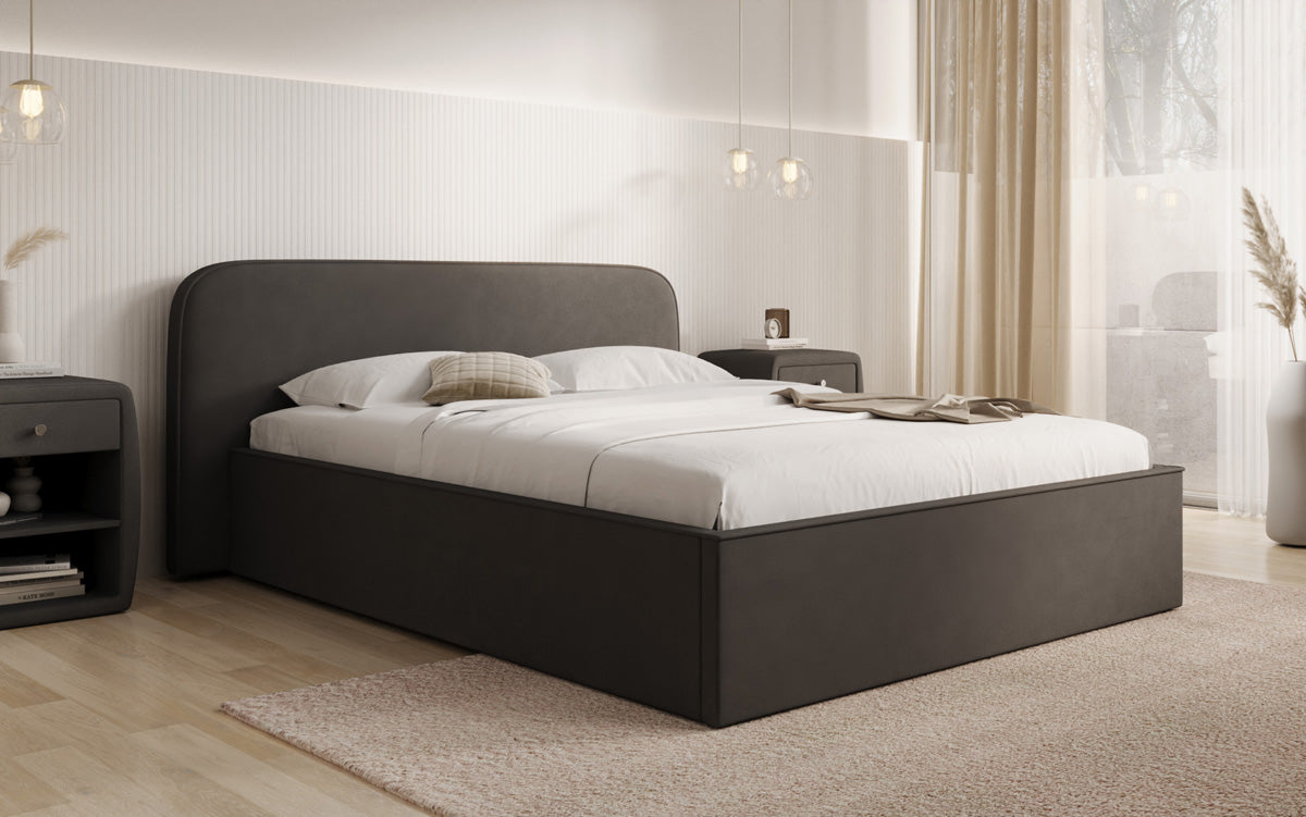 Designer upholstered bed Nola in fabric with storage space