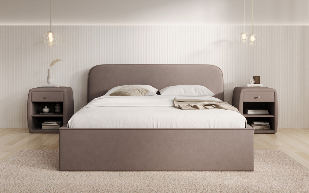 Designer upholstered bed Nola in fabric with storage space