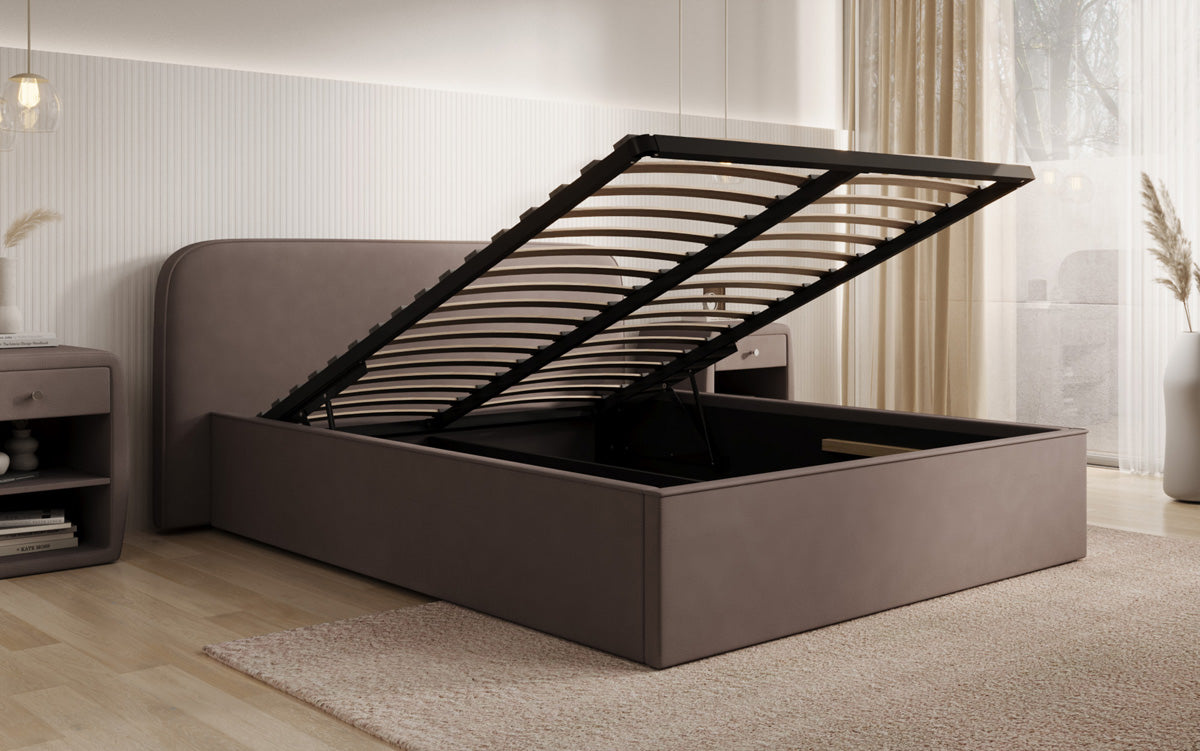 Designer upholstered bed Nola in fabric with storage space