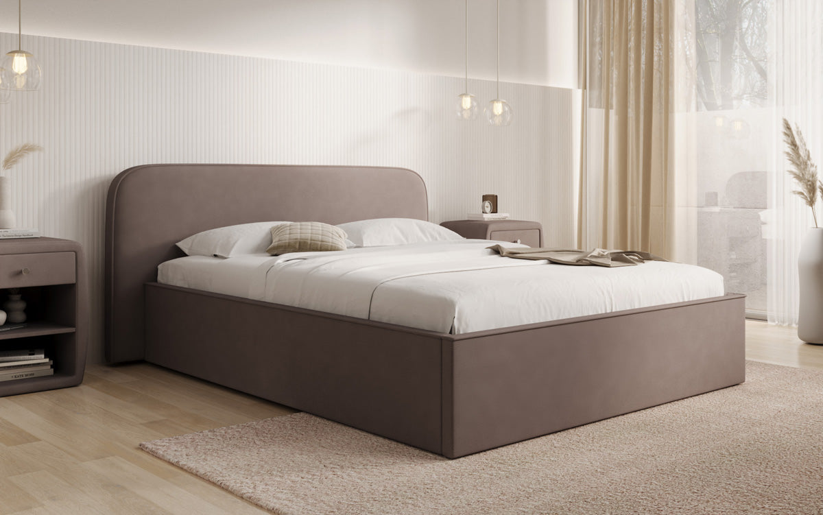 Designer upholstered bed Nola in fabric with storage space