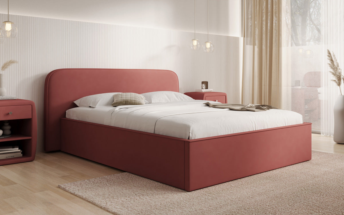 Designer upholstered bed Nola in fabric with storage space