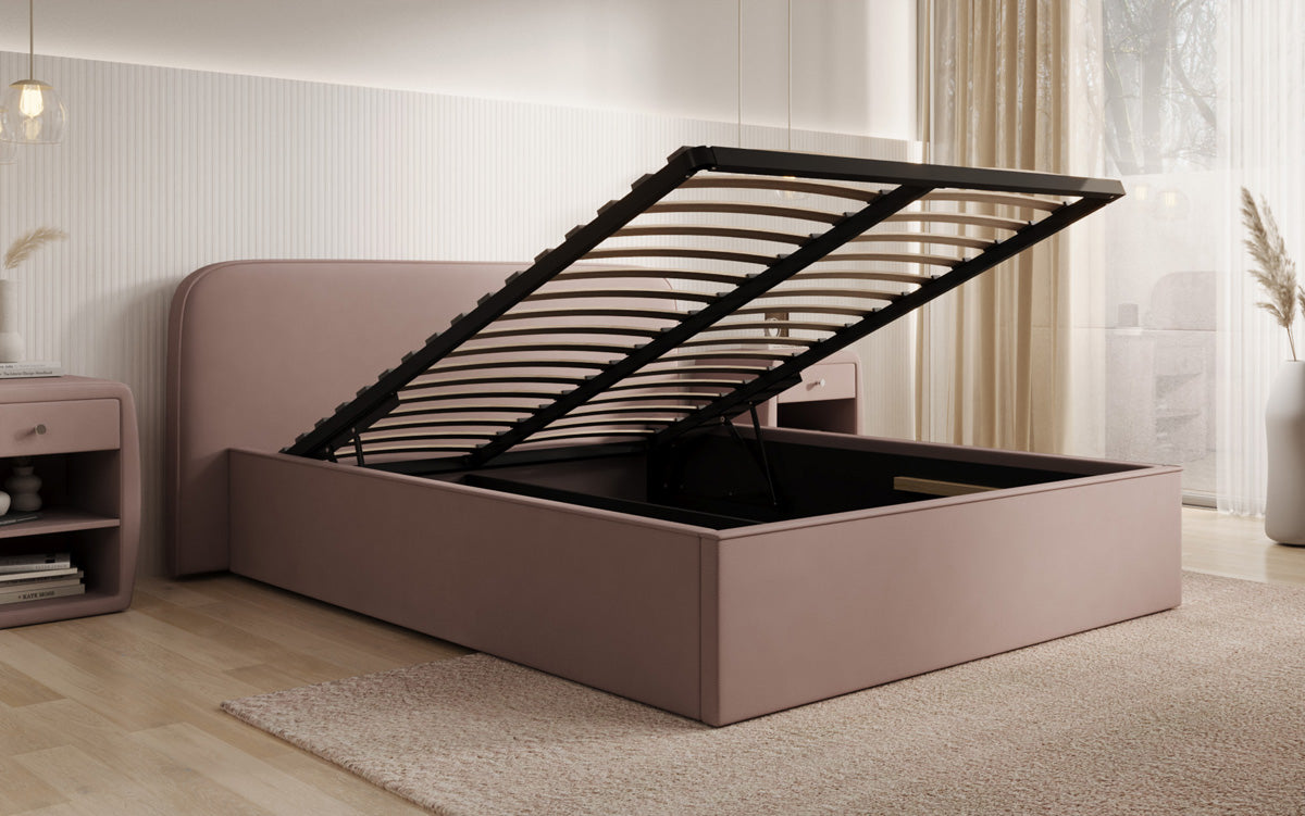 Designer upholstered bed Nola in fabric with storage space