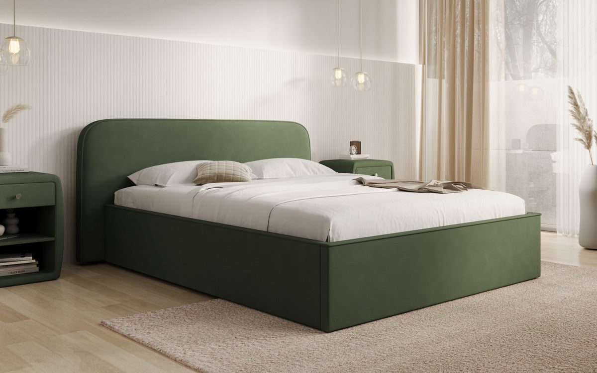 Designer upholstered bed Nola in fabric with storage space
