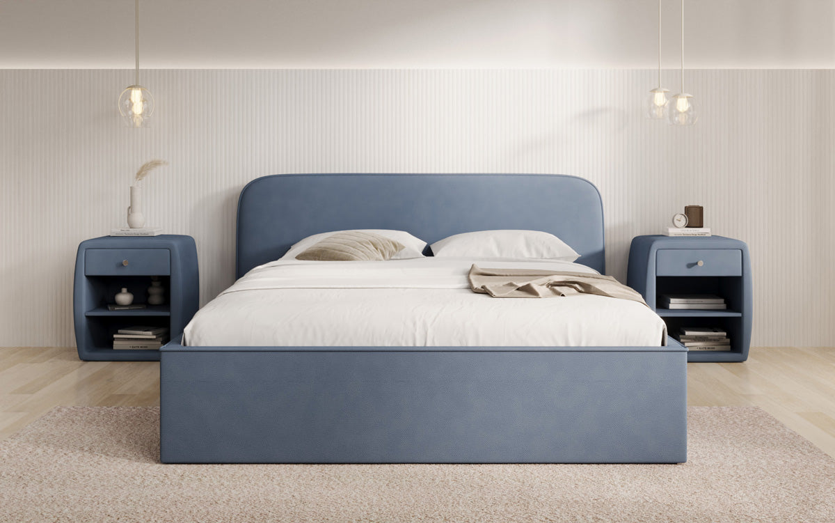 Designer upholstered bed Nola in fabric with storage space