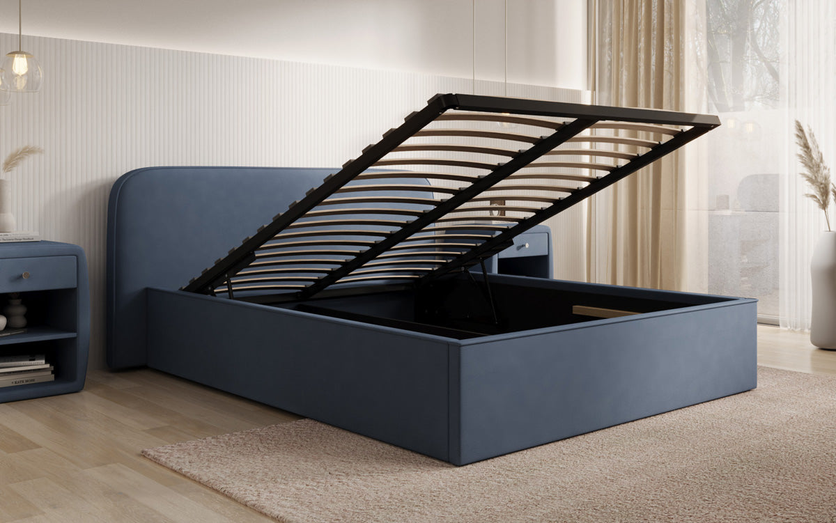 Designer upholstered bed Nola in fabric with storage space