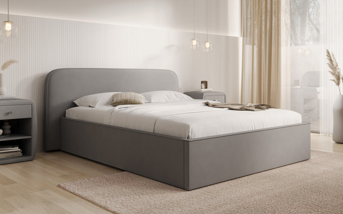 Designer upholstered bed Nola in fabric with storage space