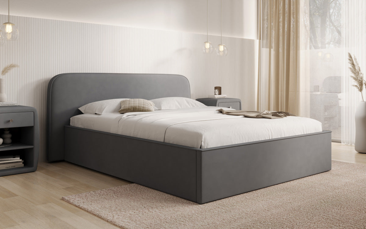 Designer upholstered bed Nola in fabric with storage space