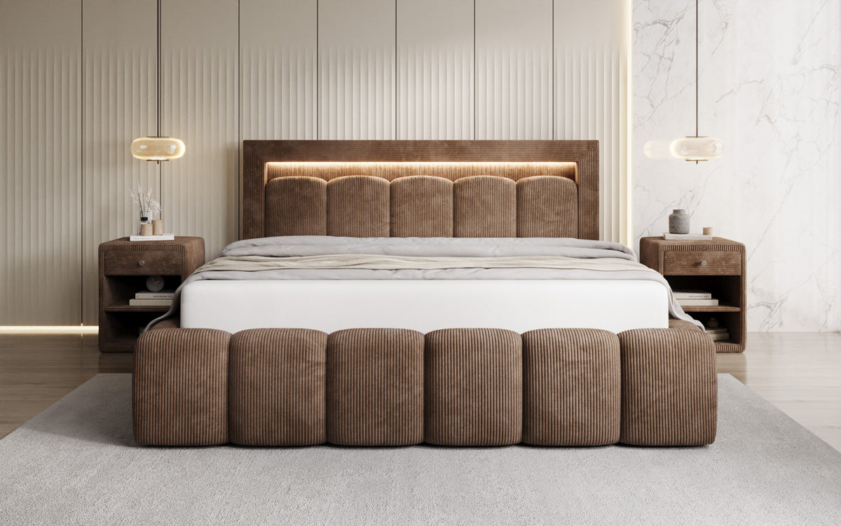 Designer Polsterbett Lume in Cord mit Stauraum und RGB Beleuchtung