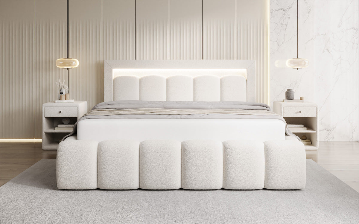 Designer Polsterbett Lume in Teddy Bouclé mit Stauraum und RGB Beleuchtung
