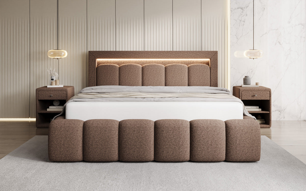 Designer Polsterbett Lume in Teddy Bouclé mit Stauraum und RGB Beleuchtung