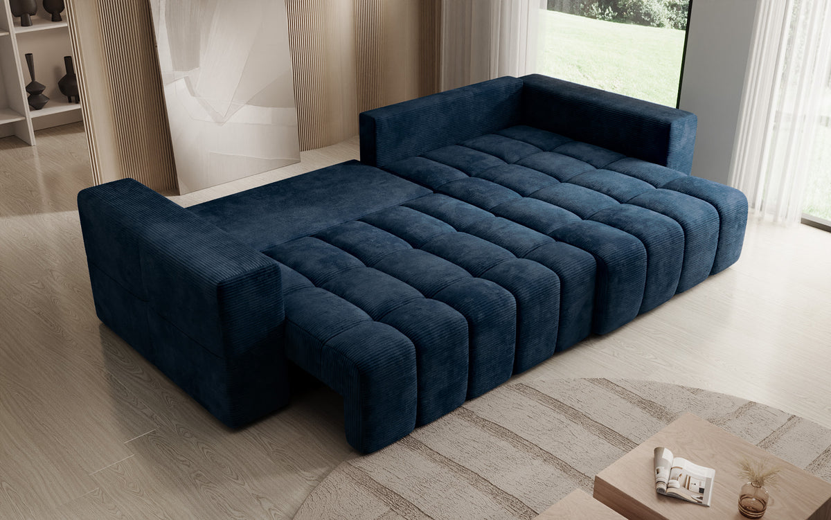 Designer corner sofa Momo with sleeping and folding function in Corduroy
