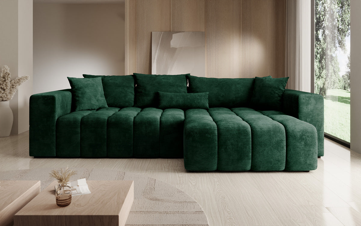 Designer corner sofa Momo with sleeping and folding function in Corduroy