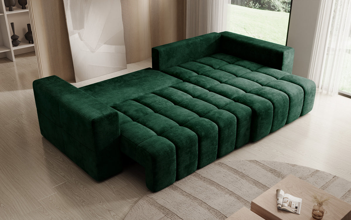 Designer corner sofa Momo with sleeping and folding function in Corduroy