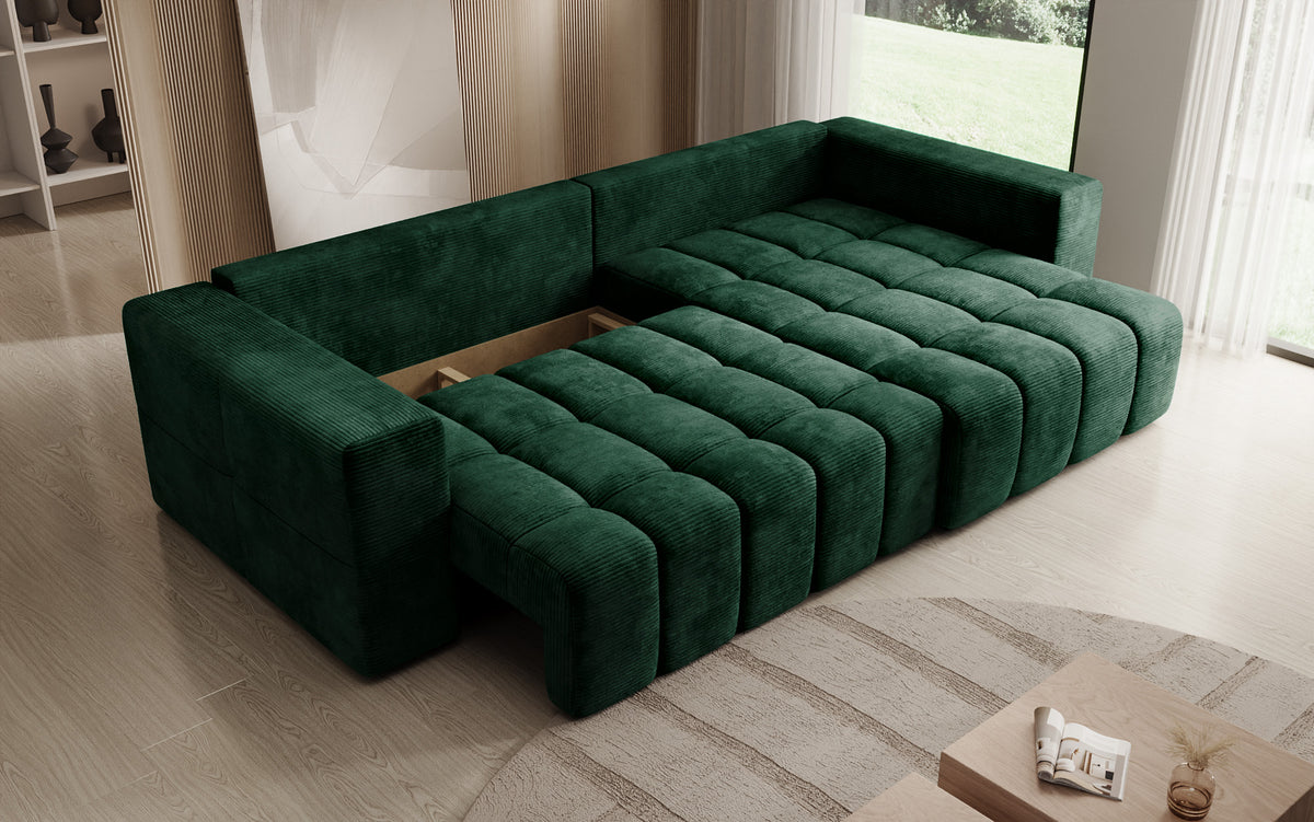 Designer corner sofa Momo with sleeping and folding function in Corduroy
