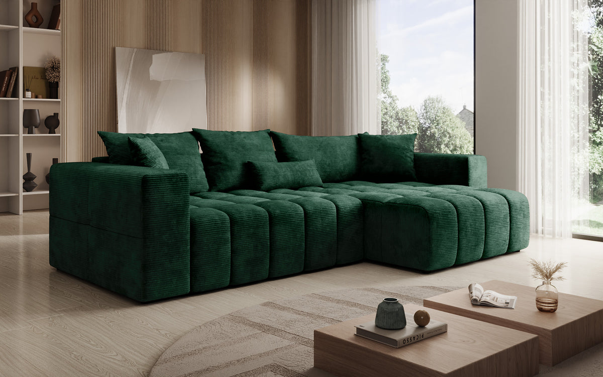 Designer corner sofa Momo with sleeping and folding function in Corduroy