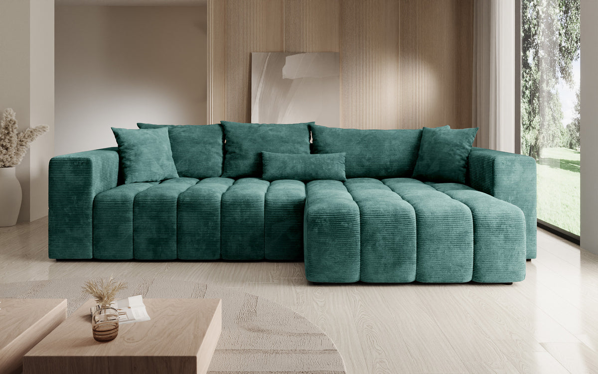 Designer corner sofa Momo with sleeping and folding function in Corduroy
