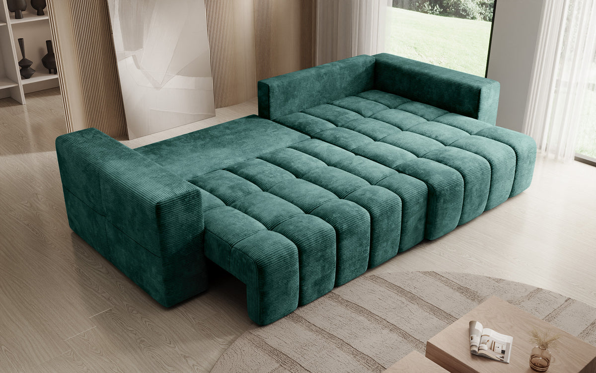 Designer corner sofa Momo with sleeping and folding function in Corduroy