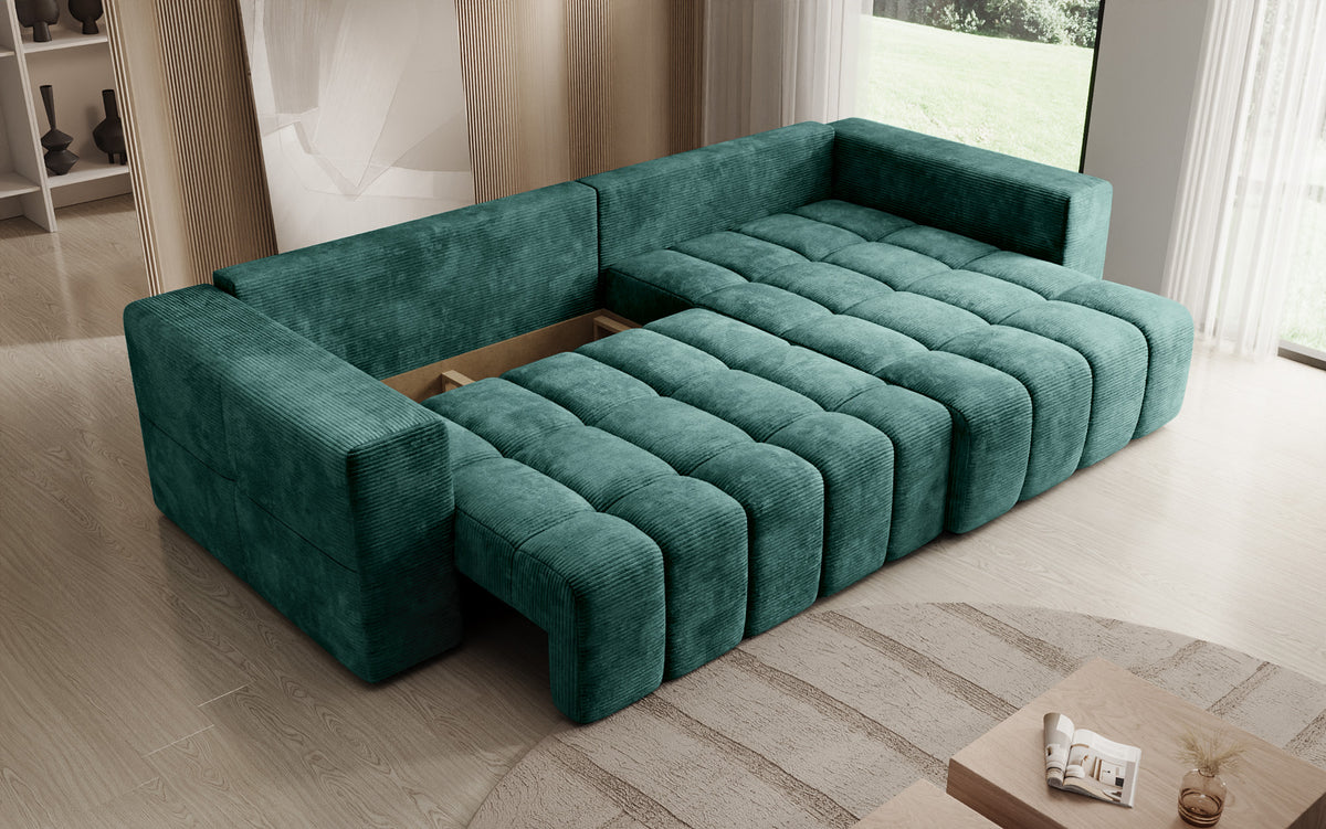 Designer corner sofa Momo with sleeping and folding function in Corduroy