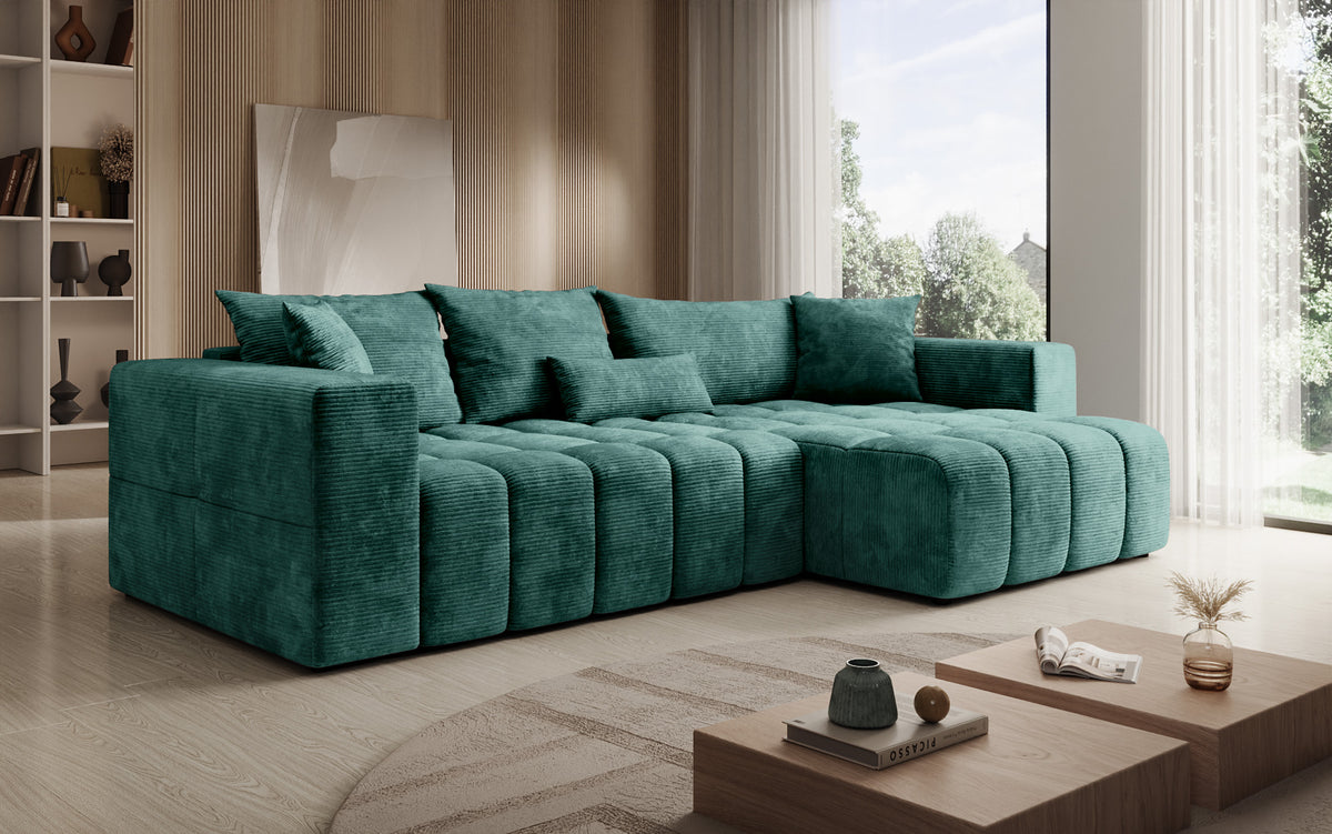 Designer corner sofa Momo with sleeping and folding function in Corduroy