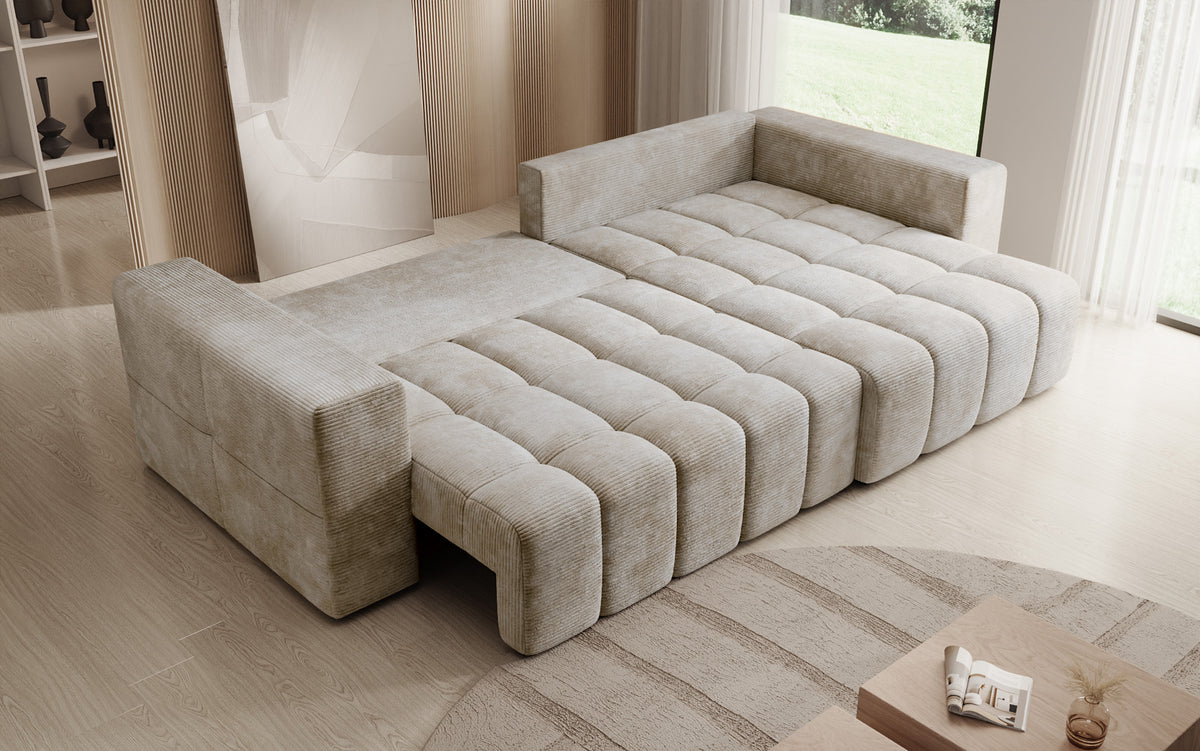Designer corner sofa Momo with sleeping and folding function in Corduroy