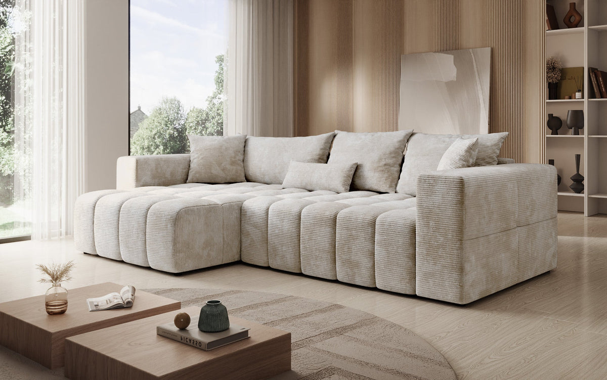 Designer corner sofa Momo with sleeping and folding function in Corduroy