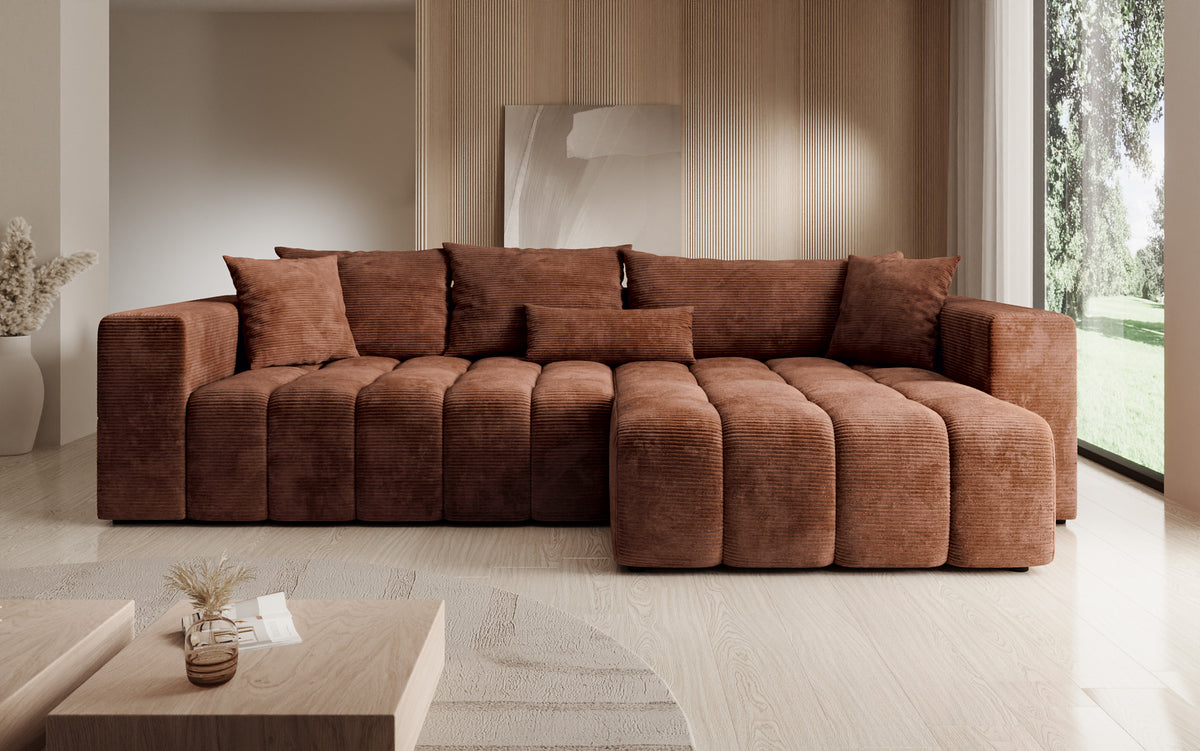 Designer corner sofa Momo with sleeping and folding function in Corduroy