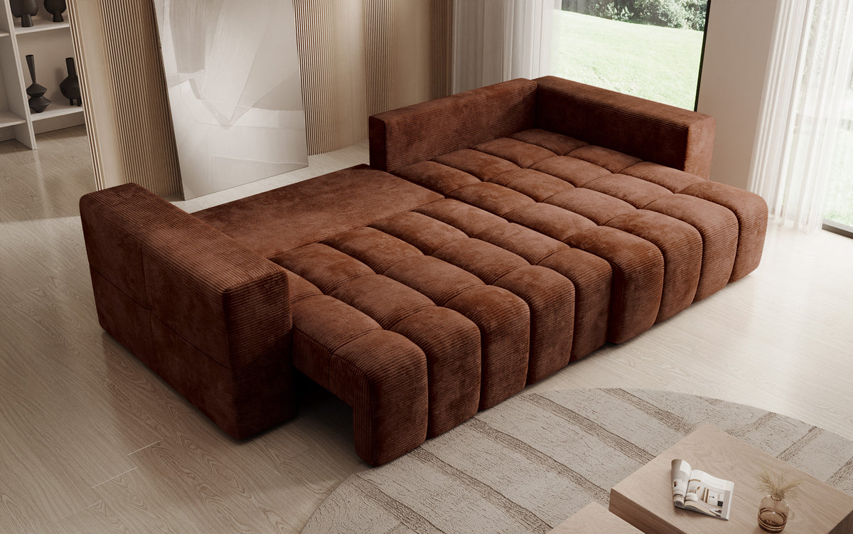 Designer corner sofa Momo with sleeping and folding function in Corduroy