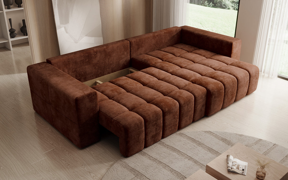 Designer corner sofa Momo with sleeping and folding function in Corduroy