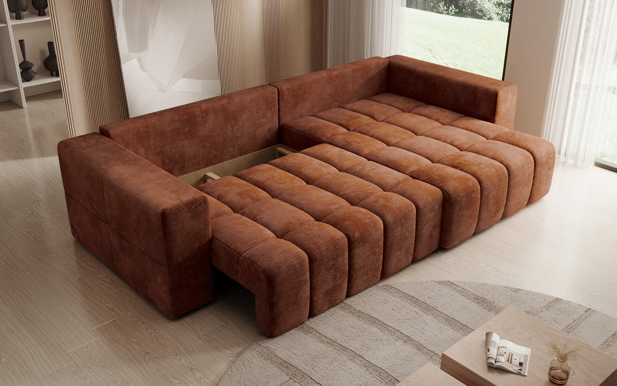 Designer corner sofa Momo with sleeping and folding function in Corduroy
