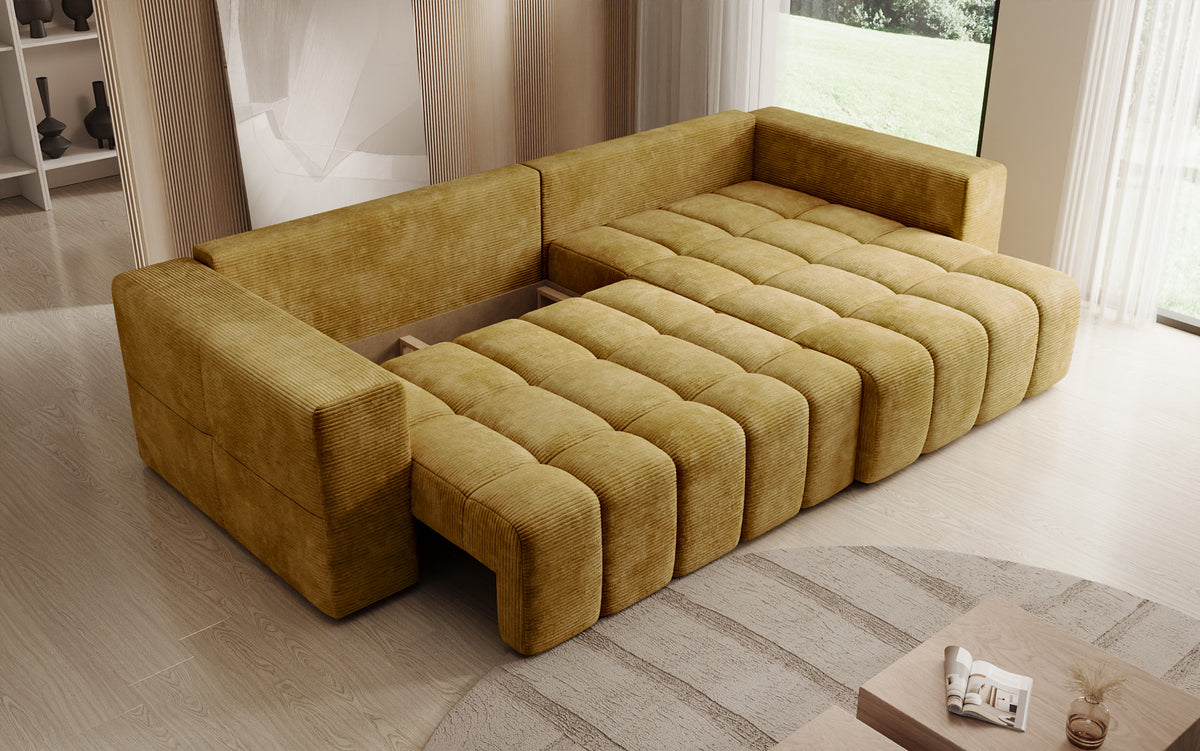 Designer corner sofa Momo with sleeping and folding function in Corduroy