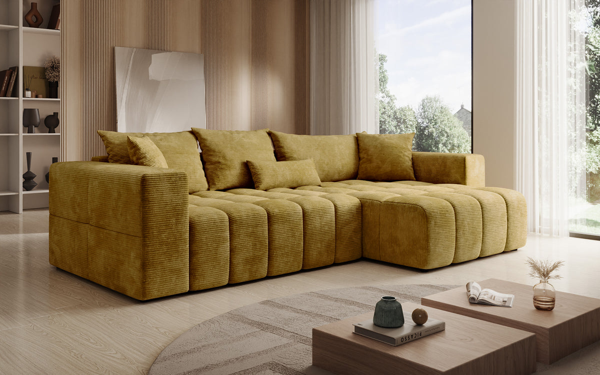 Designer corner sofa Momo with sleeping and folding function in Corduroy