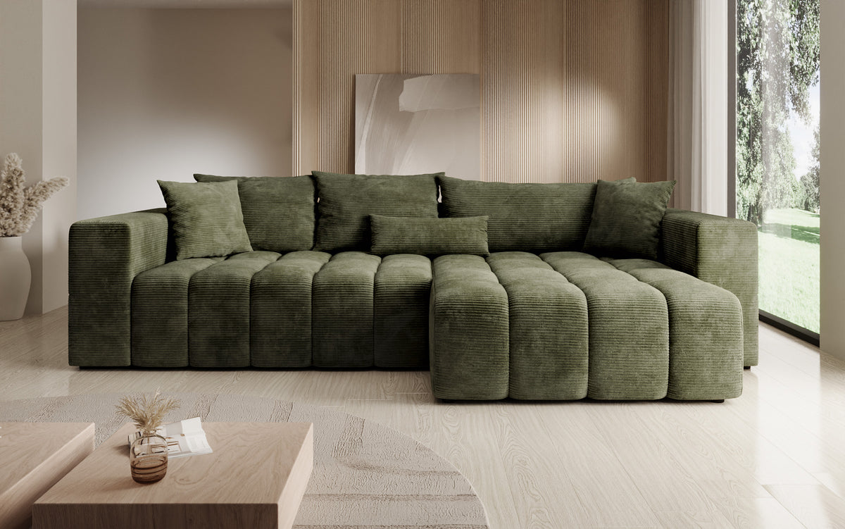 Designer corner sofa Momo with sleeping and folding function in Corduroy