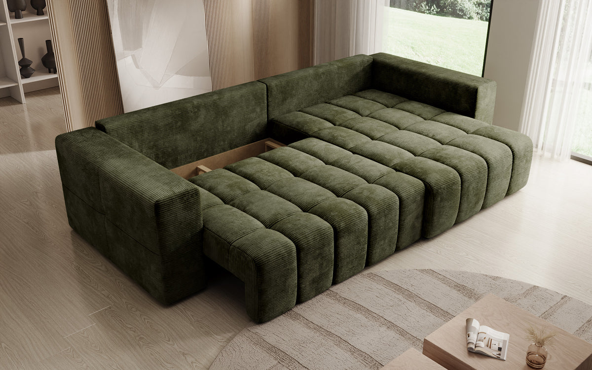 Designer corner sofa Momo with sleeping and folding function in Corduroy