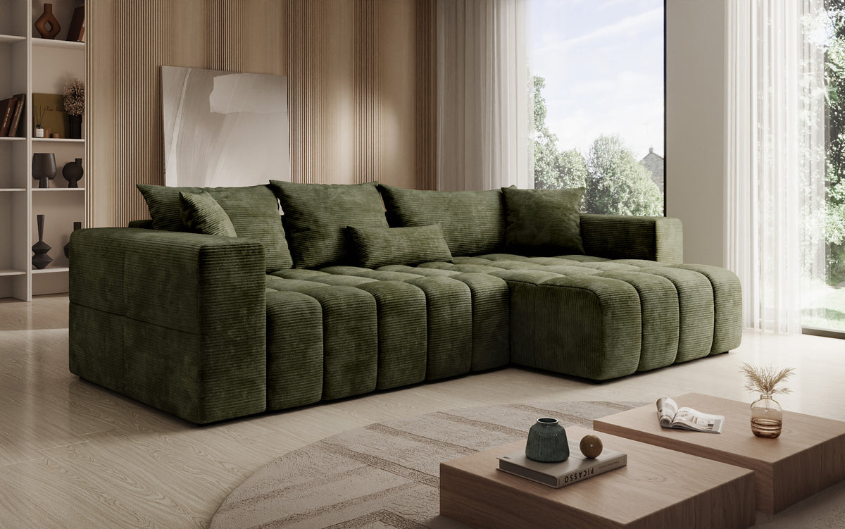 Designer corner sofa Momo with sleeping and folding function in Corduroy