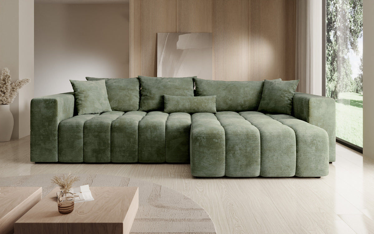 Designer corner sofa Momo with sleeping and folding function in Corduroy
