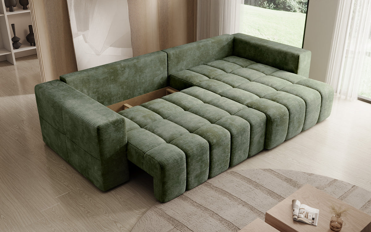 Designer corner sofa Momo with sleeping and folding function in Corduroy