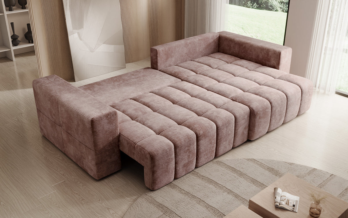 Designer corner sofa Momo with sleeping and folding function in Corduroy