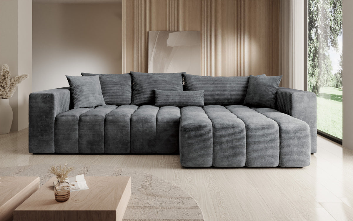 Designer corner sofa Momo with sleeping and folding function in Corduroy