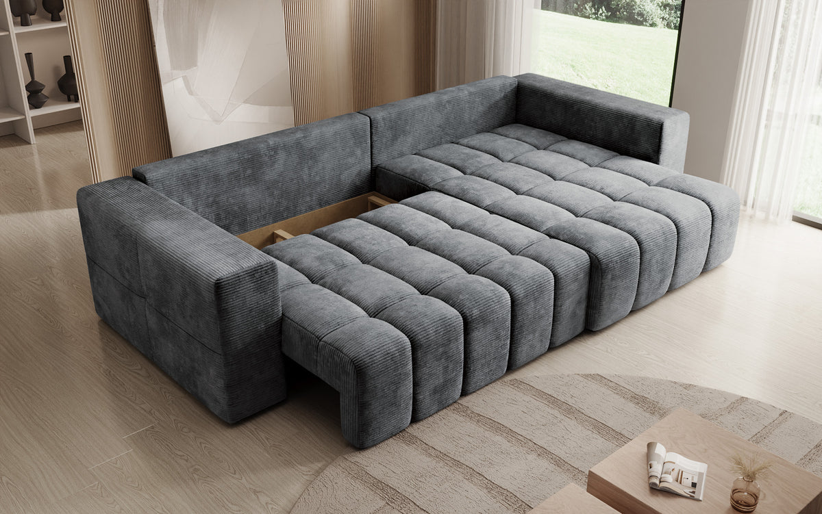 Designer corner sofa Momo with sleeping and folding function in Corduroy