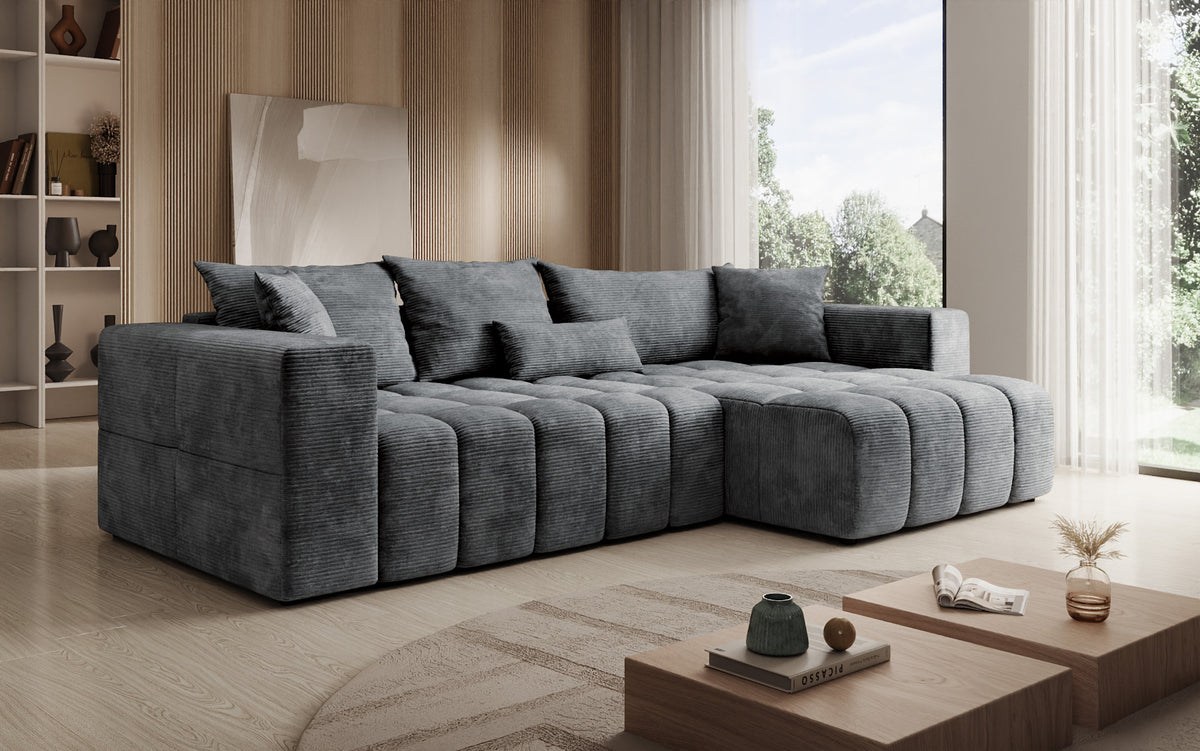 Designer corner sofa Momo with sleeping and folding function in Corduroy
