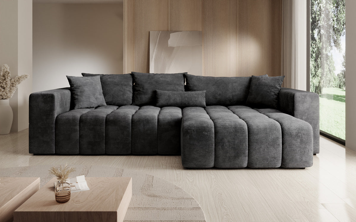 Designer corner sofa Momo with sleeping and folding function in Corduroy