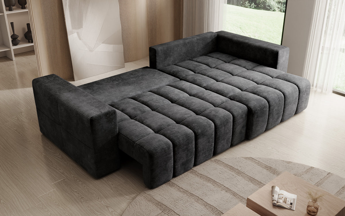 Designer corner sofa Momo with sleeping and folding function in Corduroy