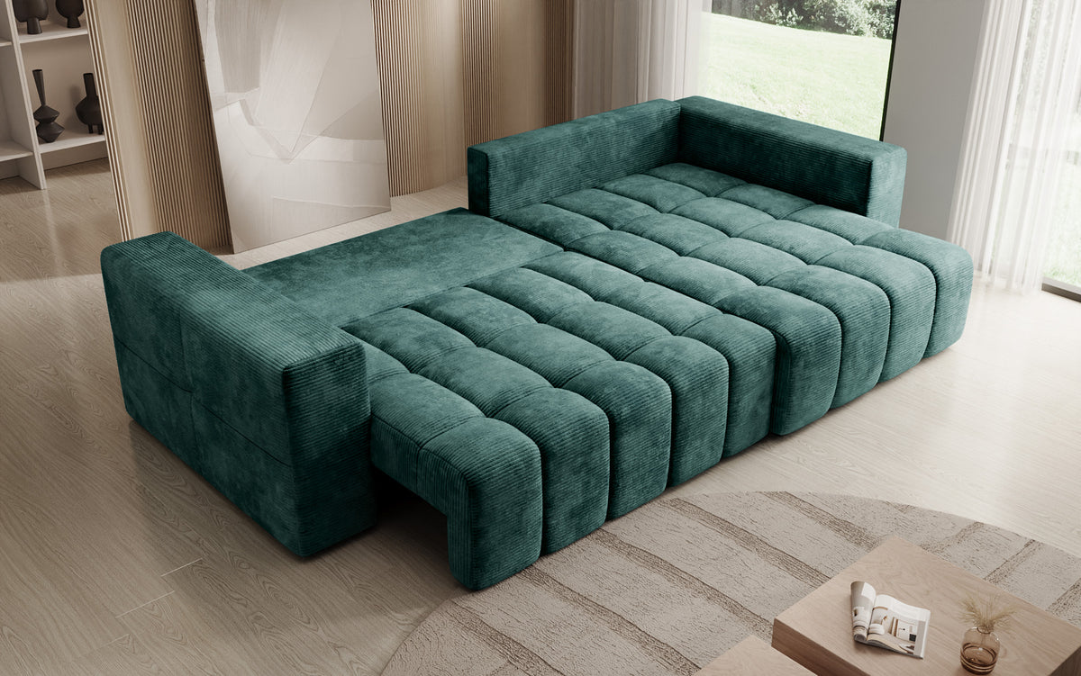 Designer corner sofa Momo with sleeping and folding function in Corduroy