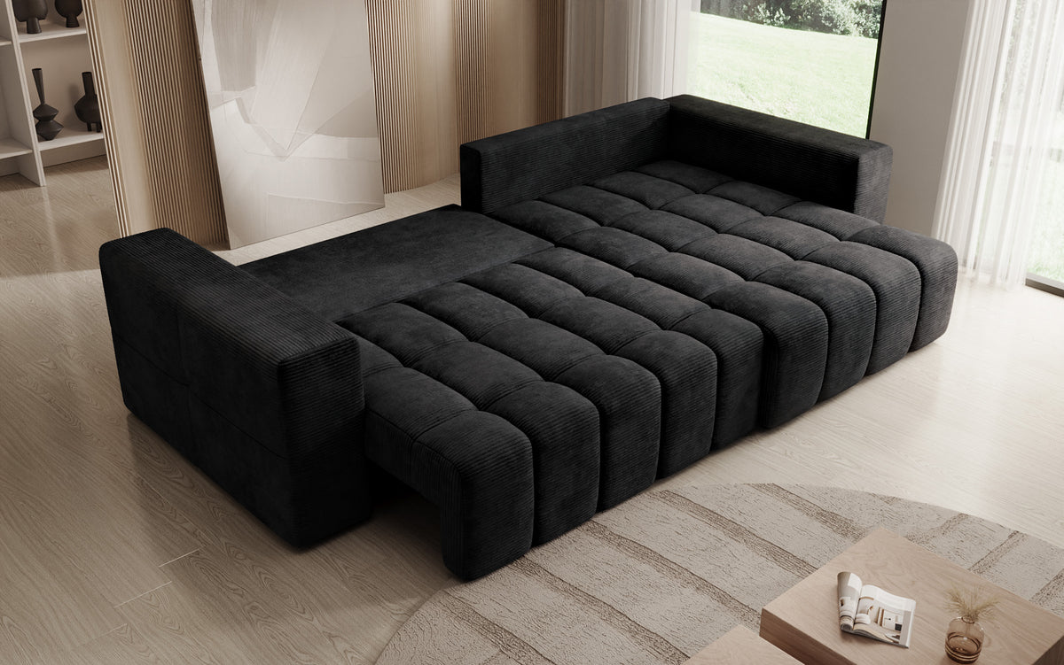 Designer corner sofa Momo with sleeping and folding function in Corduroy
