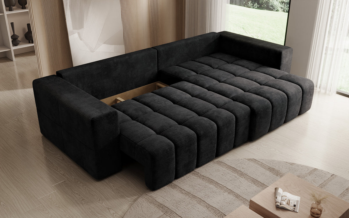Designer corner sofa Momo with sleeping and folding function in Corduroy