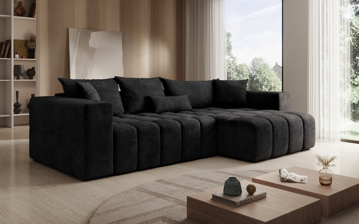 Designer corner sofa Momo with sleeping and folding function in Corduroy