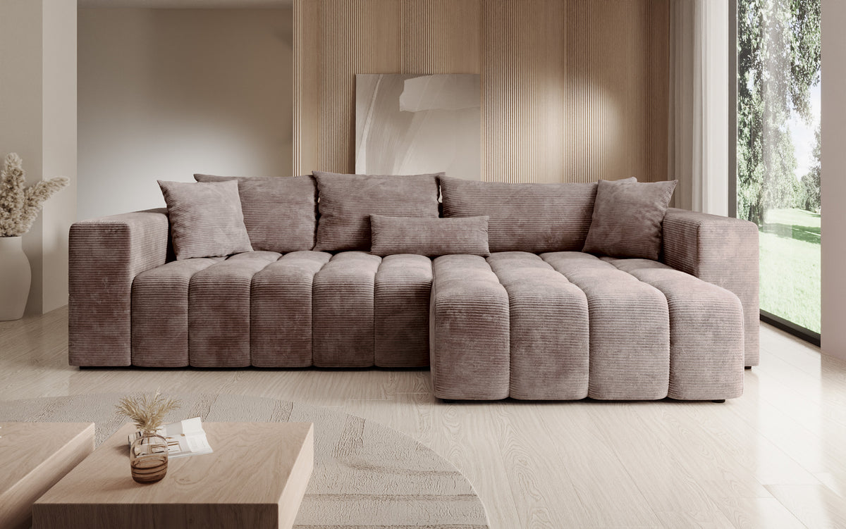 Designer corner sofa Momo with sleeping and folding function in Corduroy