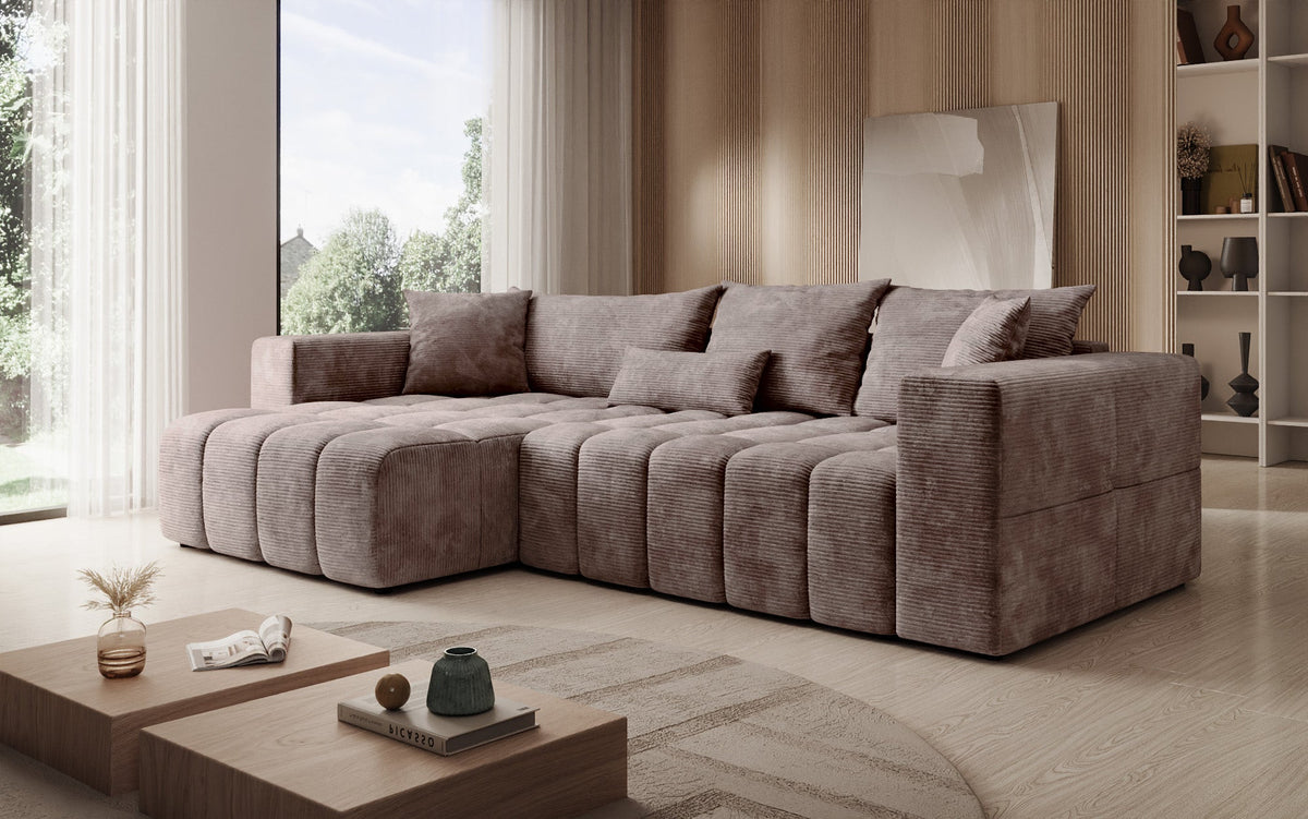 Designer corner sofa Momo with sleeping and folding function in Corduroy